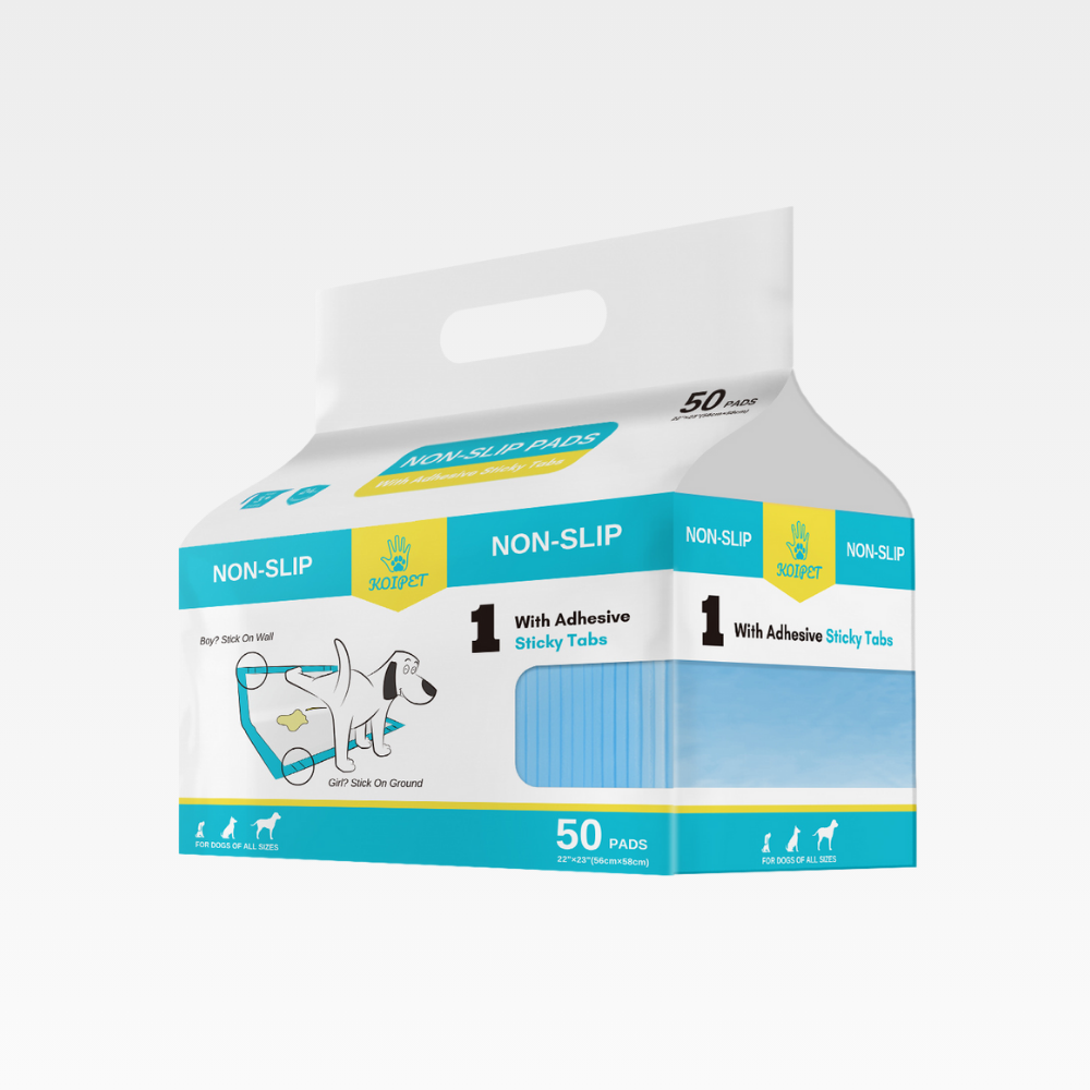 KOIPET Blue Design – Clean & classic 📌 Non-Slip Tabs – Secure on any floor 💧 Leak Protection – Strong absorption 🐶 All Dogs – Perfect for training & daily use 📦 50 Pads – Reliable everyday pack