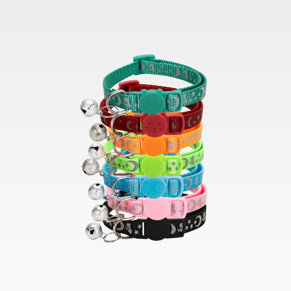 Adjustable cat collar (8–12in) in multiple colors, lightweight and safe.