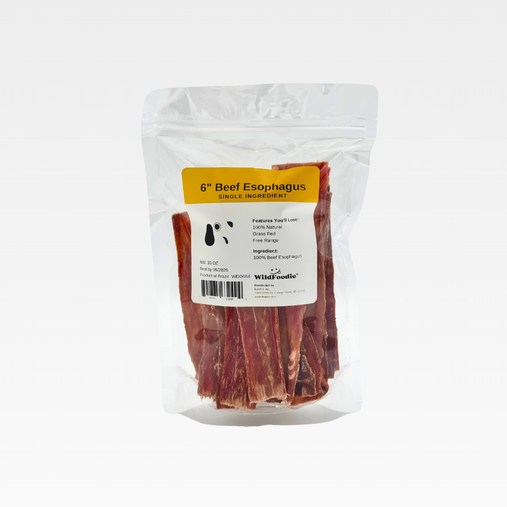 6-inch beef esophagus dog chews made from natural, grass-fed beef, product of Brazil.