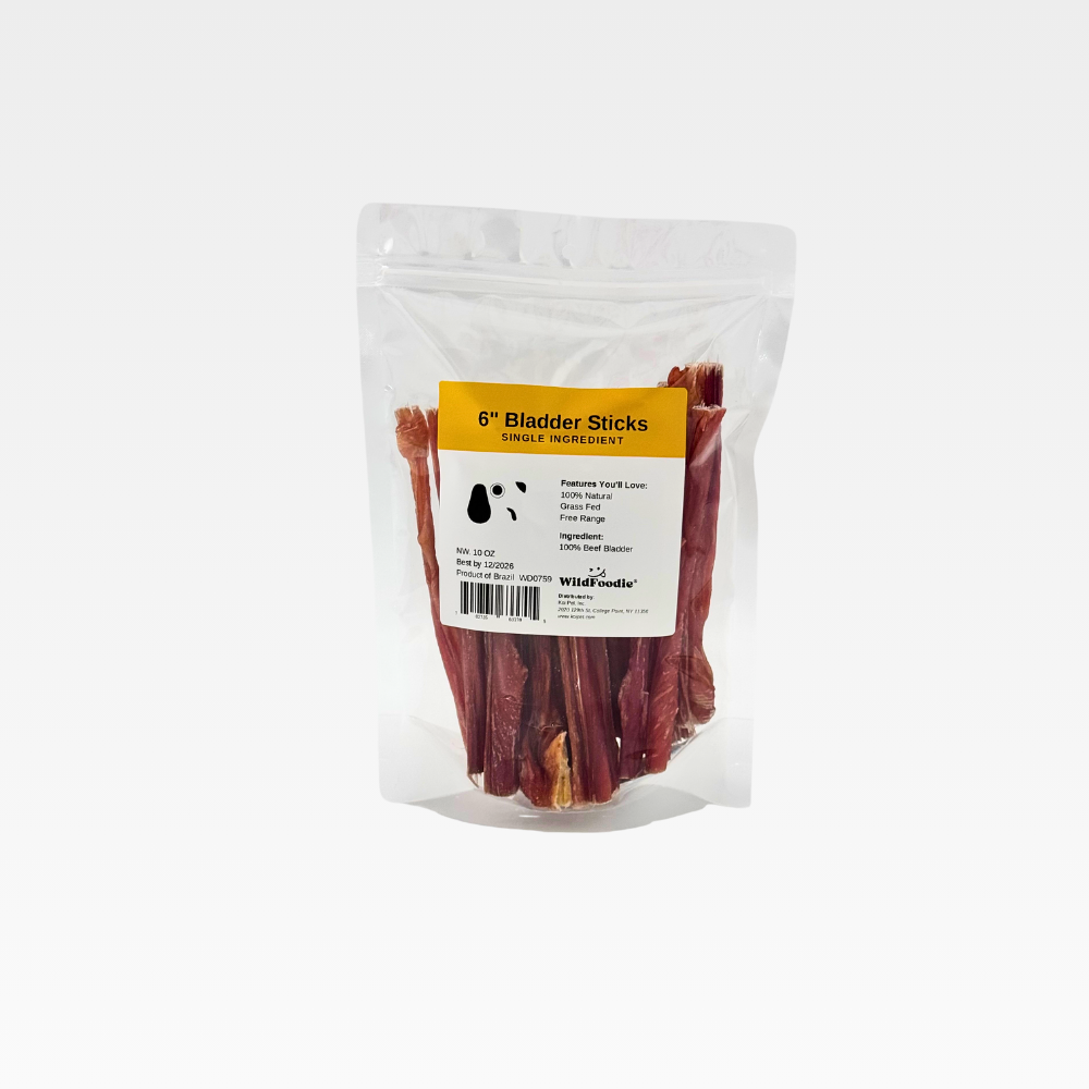 WildFoodie 6’’ bladder sticks dog chews, 10oz bag, natural beef bladder, made in Brazil.