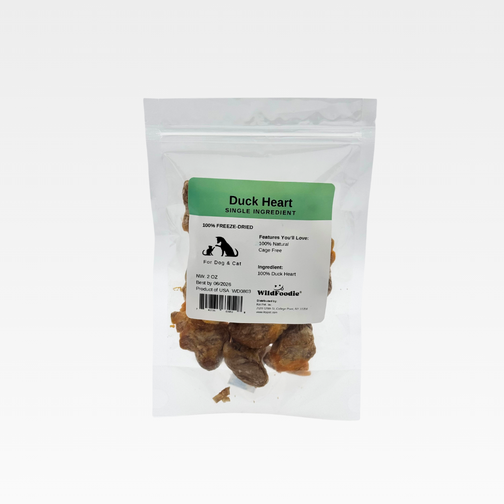 WILDFOODIE freeze-dried duck hearts, 2oz bag, single-ingredient treats for dogs and cats, high protein, natural and nutritious