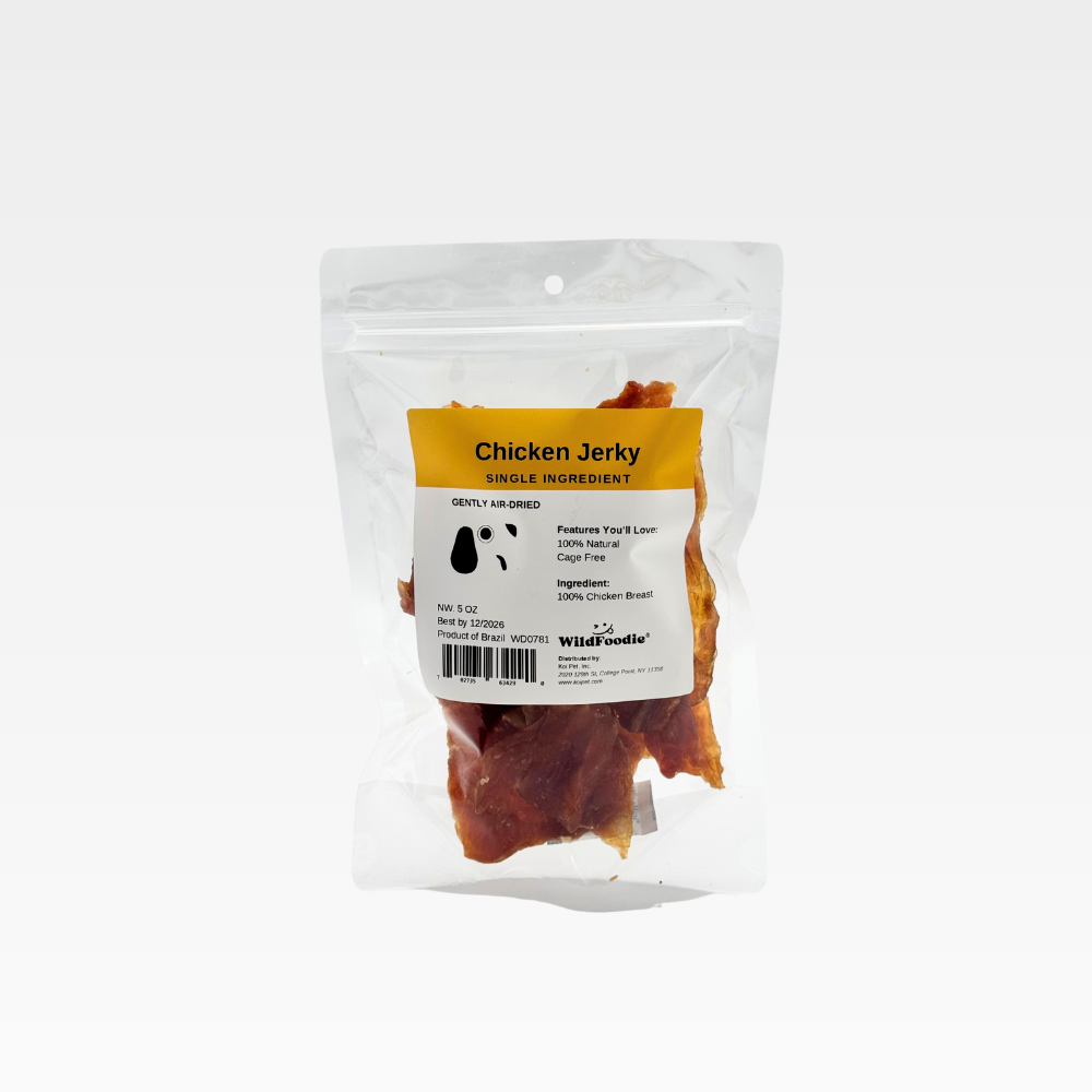 WILDFOODIE Chicken Jerky 5oz bag, single ingredient dog treat made from 100% chicken breast, air-dried, natural protein-rich chew
