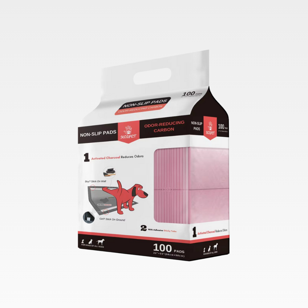 KOIPET 🪶 Activated Charcoal – Neutralizes odors 🎀 Pink Design – Cute & blends with home style 📌 Sticky Tabs – Non-slip, easy placement 🐶 All Dogs, All Stages – From puppy to senior 📦 100 Pads – Reliable, long-lasting supply