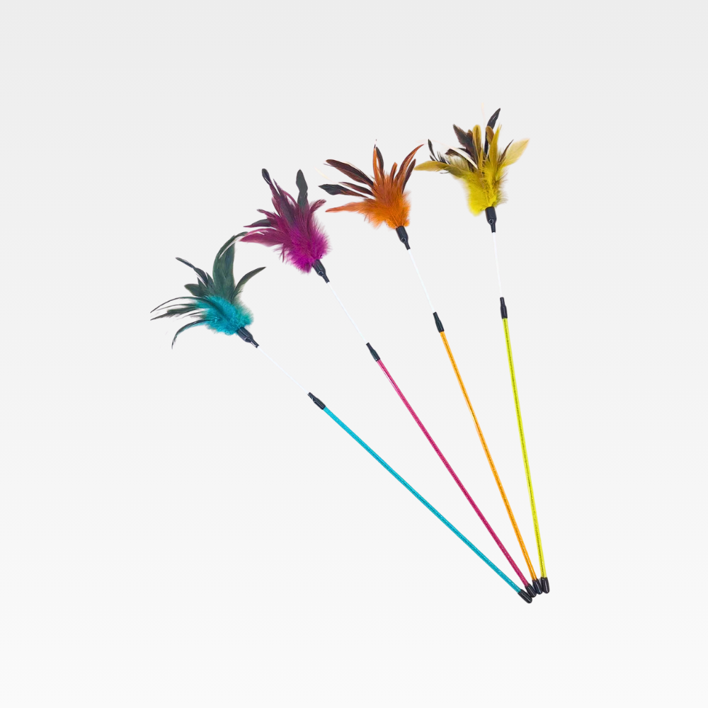 KOIPET 🪶 Real Turkey Feathers – Natural flutter cats love 🌈 4 Colors – Yellow, Orange, Pink & Blue ✨ Glitter Handle – Stylish & fun to hold 🐱 Interactive Play – Exercise & bonding in one