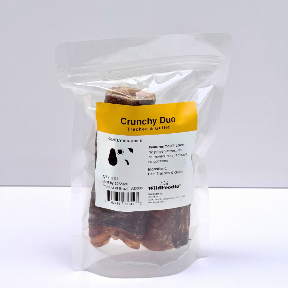 WildFoodie Crunchy Duo beef trachea & gullet dog chews in resealable bag